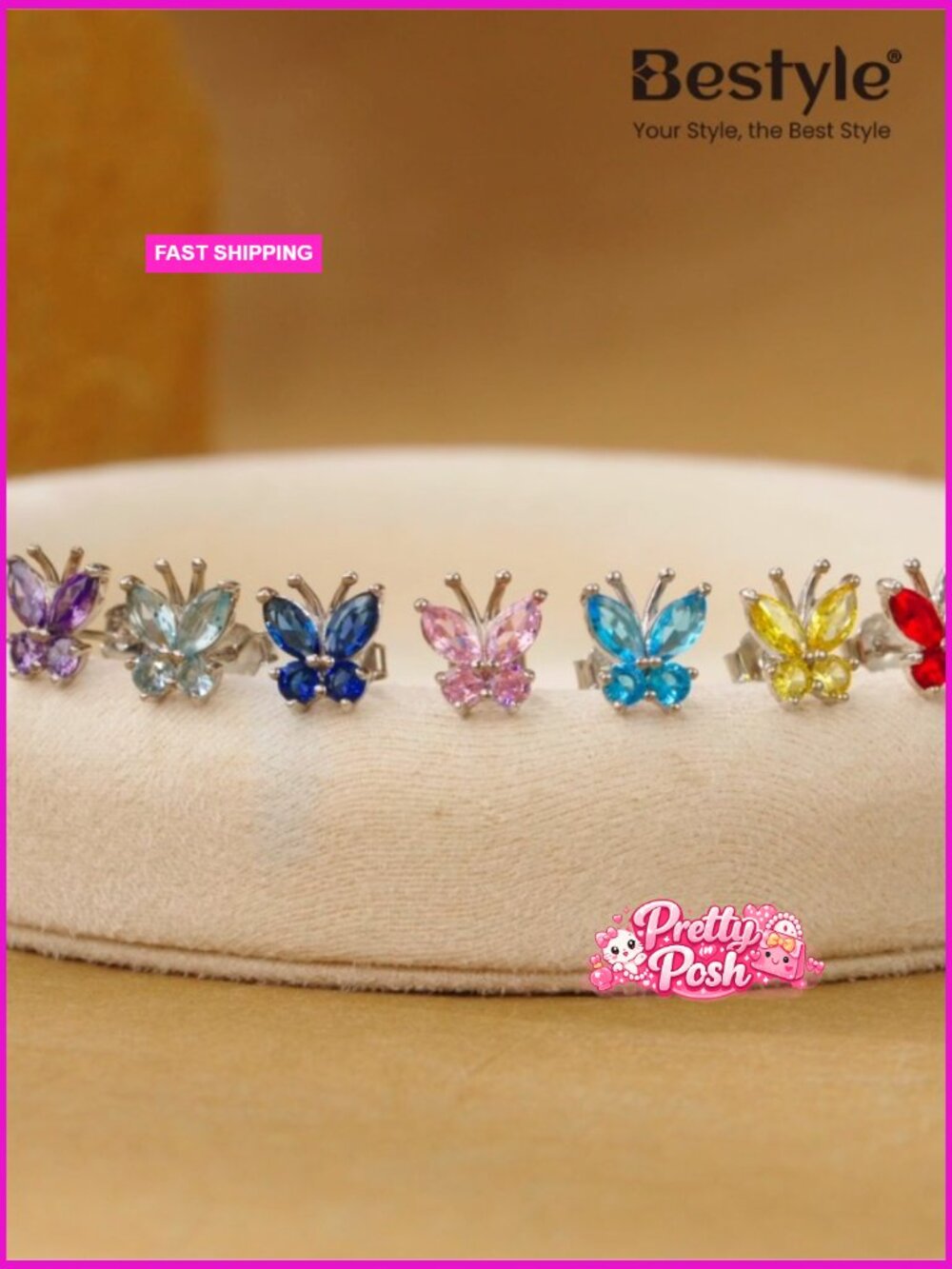 Gold Butterfly Earrings, Dainty Birthstone Studs Hypoallergenic Jewelry - Picture 6 of 7